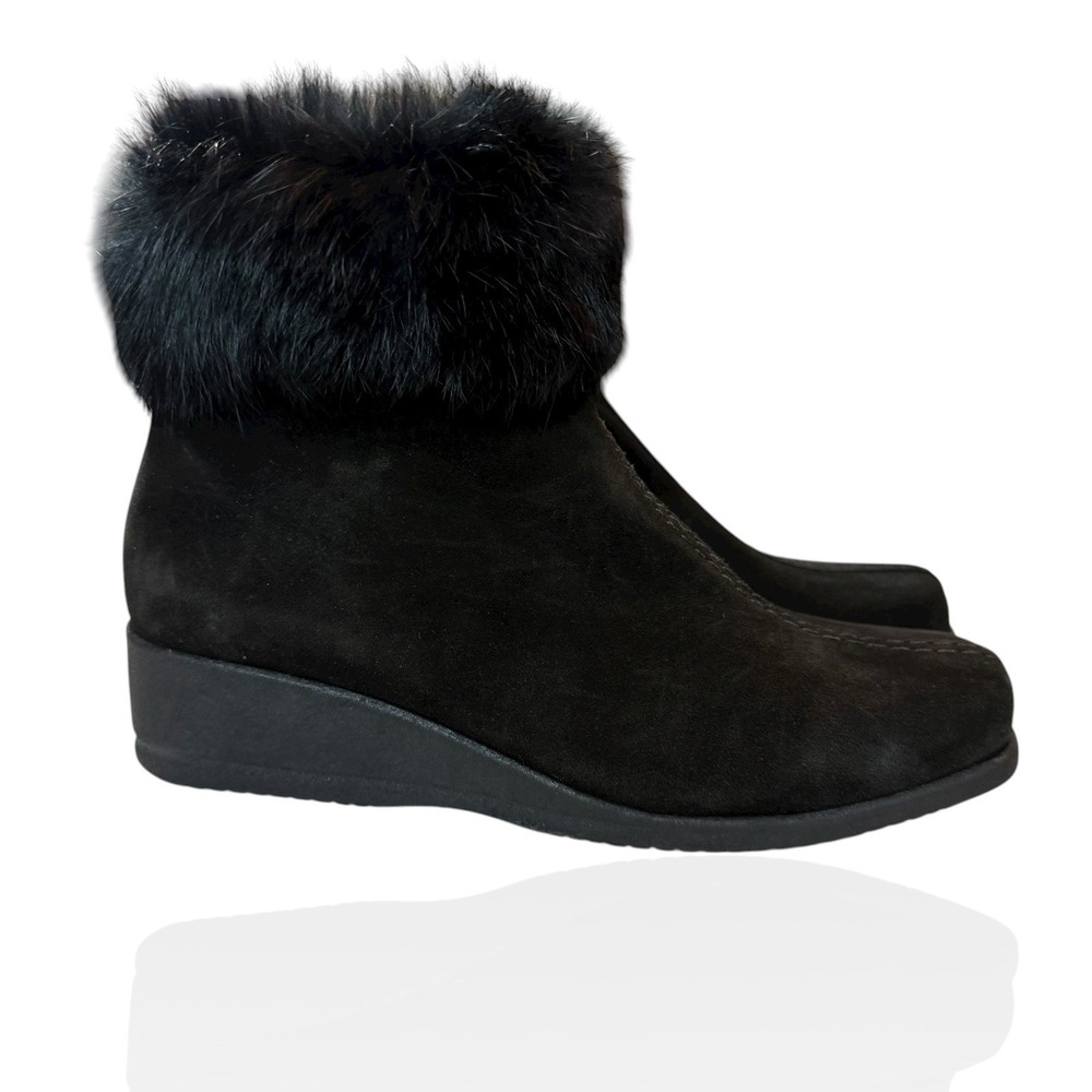 La Canadienne Black Suede Leather Real Fur Trim Wedge‎ Boots Size 6 $685 Canada